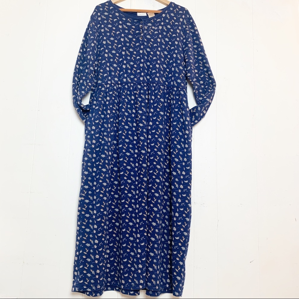 Bobbie Brooks Navy Leaf Print Henley Thermal Maxi